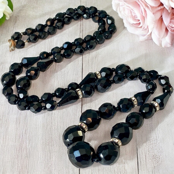 Art Deco French Jet Black Glass Beaded Rhinestone Necklace - Picture 1 of 6